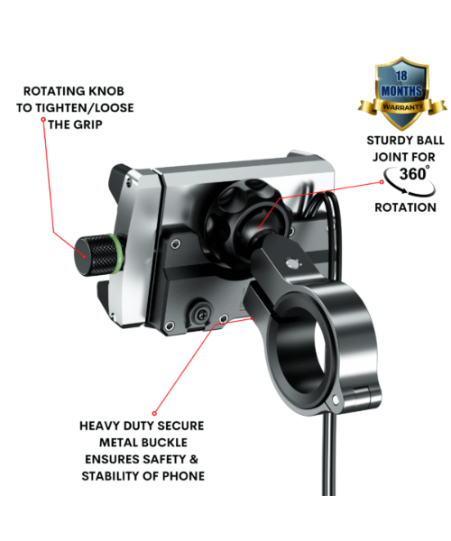 Yellowfin Claw-grip 2.5 A USB Mobile Holder with charger for Bikes - M6 Silver