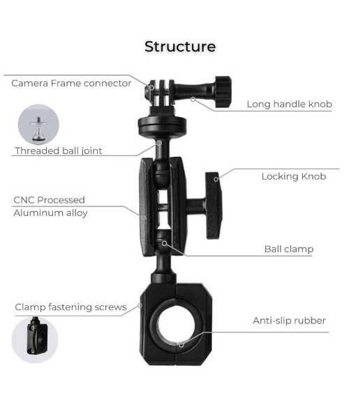 Yellowfin Action Camera Aluminium Alloy Metal Pro Long Mount for GoPro 360 Rotatable Black - Handlebar Pro Mount-1