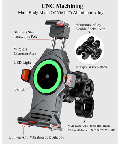 Yellowfin Aluminium Alloy Motorcycle Phone Mount with Vibration Dampener Secure Anti-Theft Lock | One-Push Auto Lock