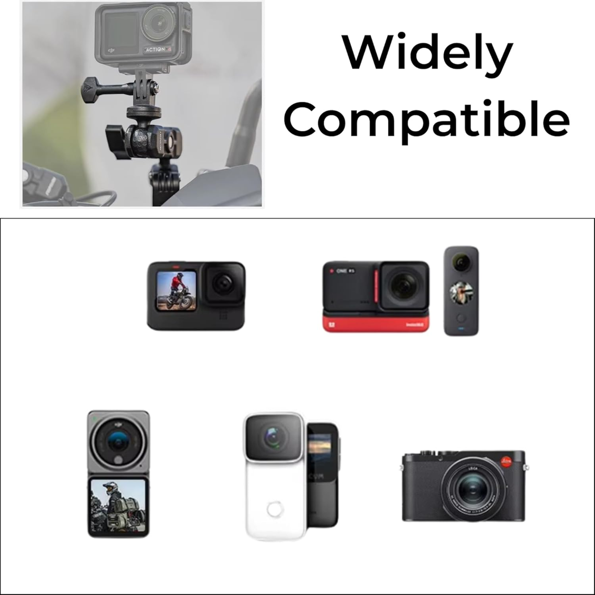 Motowolf Action Camera Power Clamp Mount with 360° Dual Ball Head and Anti-Theft Knob