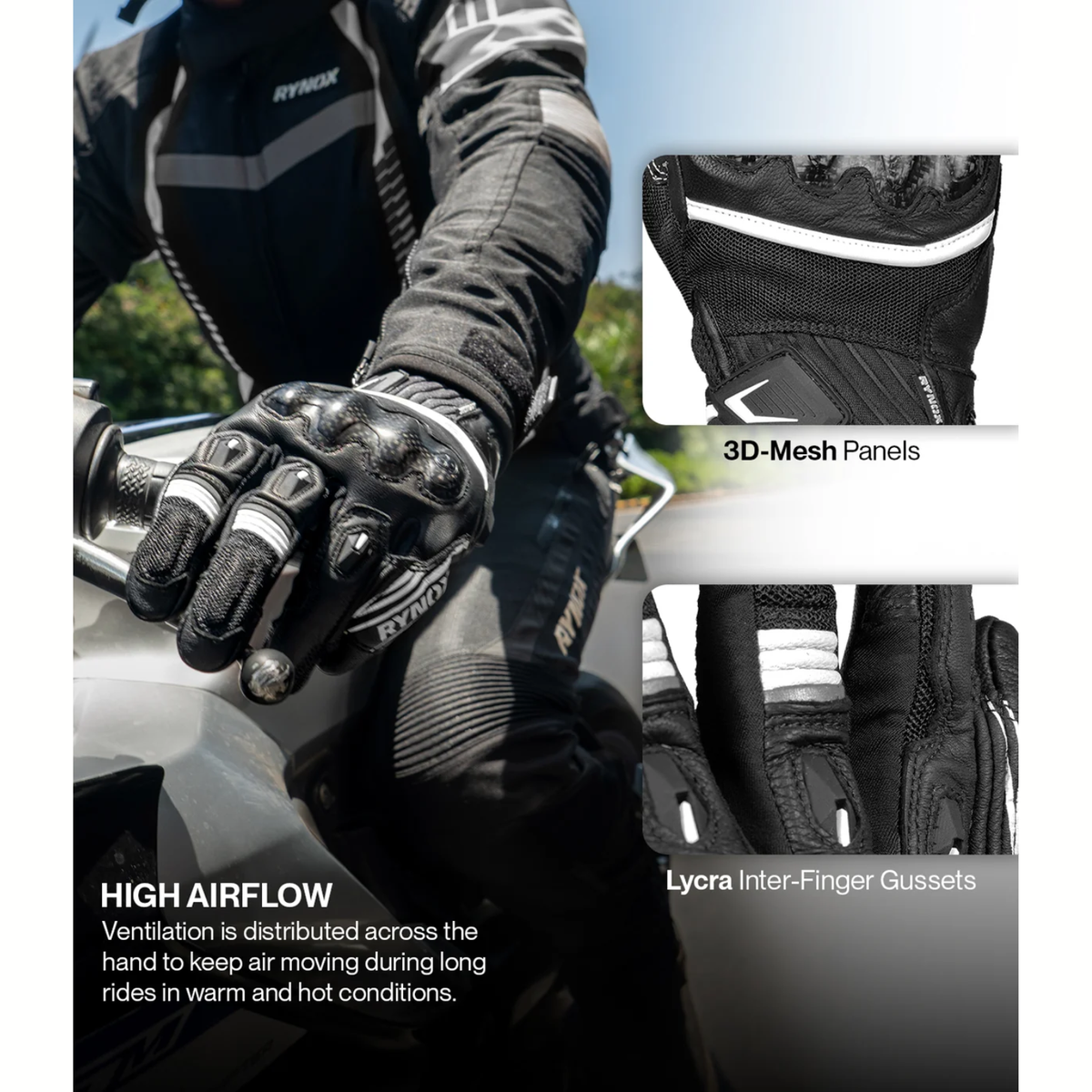 Rynox Tornado Pro 5 Riding Gloves - Black White - Rynox
