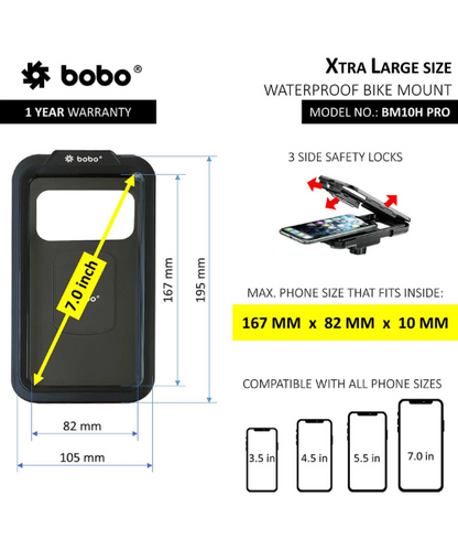 BOBO Fully Waterproof Bike Phone Holder with Vibration Controller (with Fast 15W Wireless Charger and USB-C Input/Output Port) Motorcycle Mobile Mount - Black - Handlebar Attachment - BM11H PRO