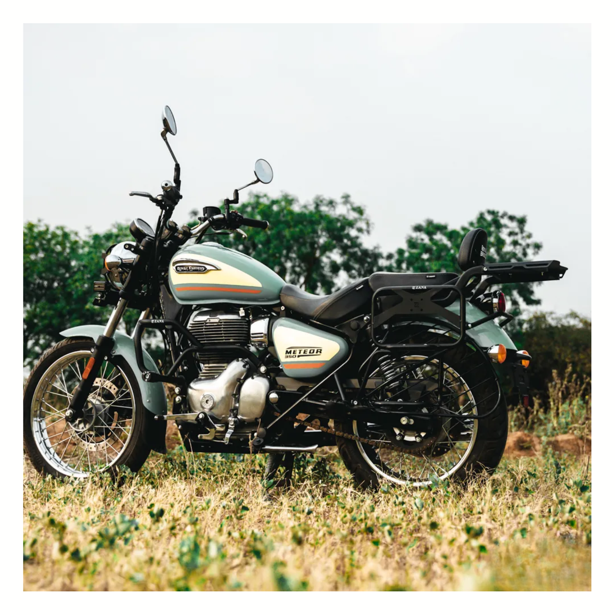 Zana Royal Enfield Meteor 350 V-2 Saddle Stay Mild Steel with Exhaust Shield and Jerry Can Mount - Texture Matt Black