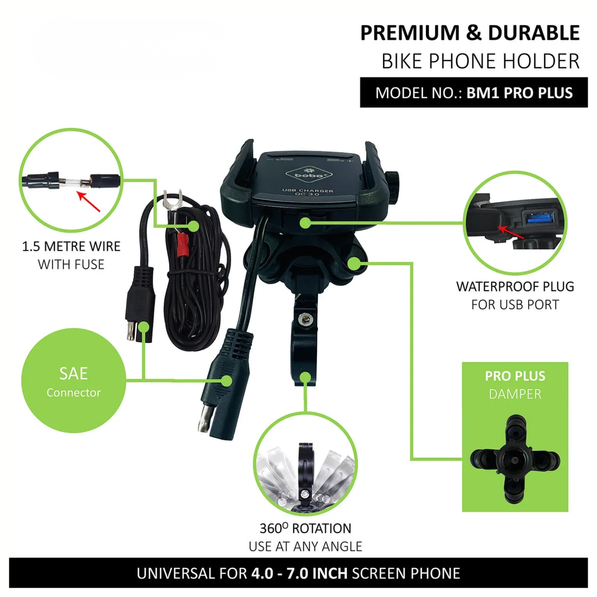 BOBO BM1 Pro Pluse Bike Phone Holder Jaw-Grip with Vibration Damper and Fast USB 3.0 Charger and SAE Connector & Fast