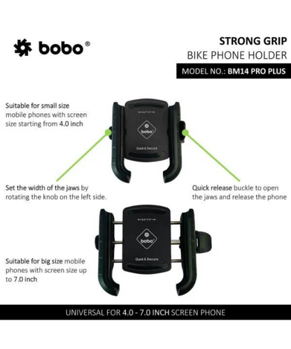 BOBO Quick Release with PRO PLUS Vibration Damper Enhanced BM4 PRO PLUS Bike Cycle Phone Holder Motorcycle Mobile Mount - Black - BM14 PRO PLUS