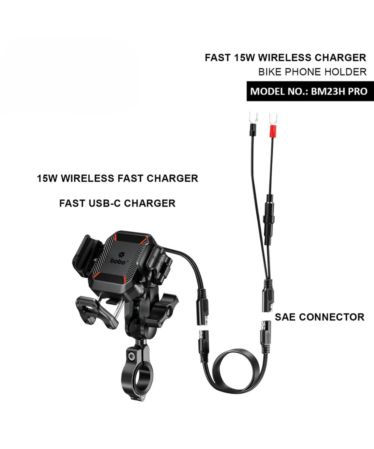 BOBO BM23H Pro Handlebar Mount Anti-Vibration and Anti-Theft with 15W Wireless / 36W USB-C Charger.