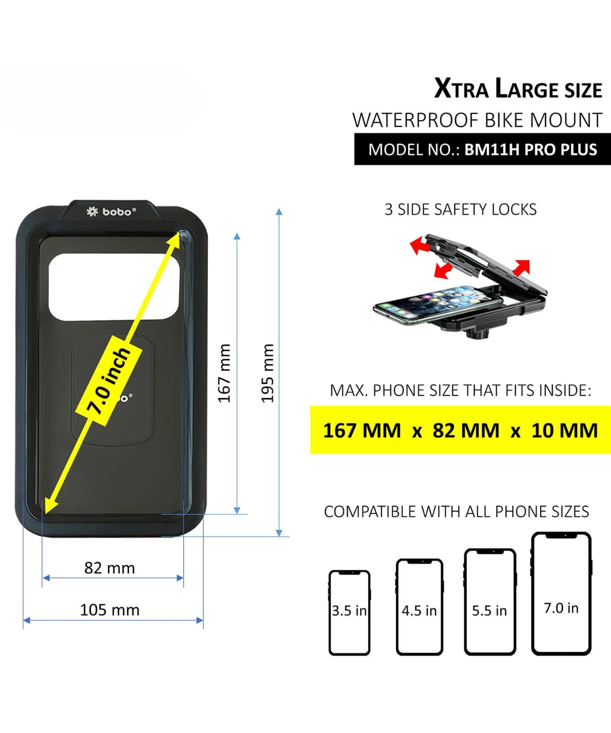 BOBO BM11H Pro Plus Fully Waterproof Bike Phone Holder with Vibration Damper and Fast 15W wireless Charger & USB-C Input/Output Port.