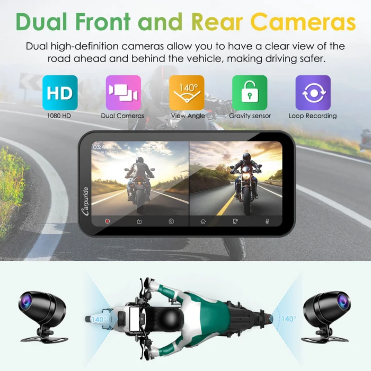 Carpuride W603D Wireless Motorcycle Stereo with HD Dual Cameras