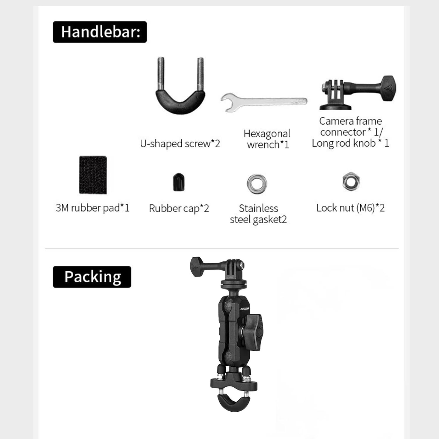 Motowolf Action Camera Handlebar Mount with 360° Dual Ball Head