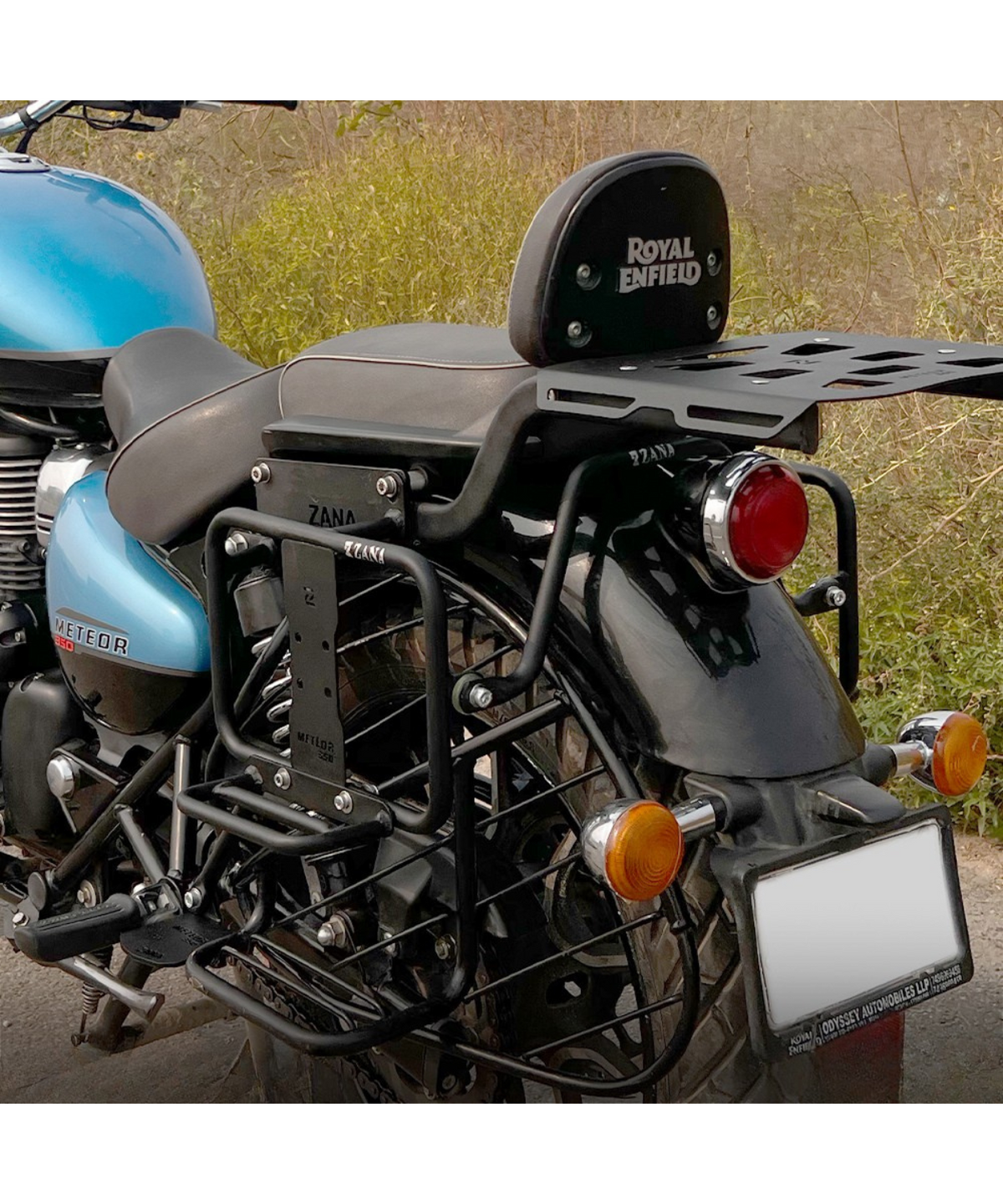Zana Royal Enfield Meteor 350 Saddle Stay Mild Steel with Exhaust Shield and Jerry Can Mount - Texture Matt Black