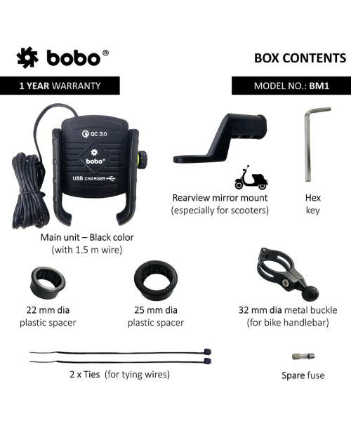 BOBO BM1 Jaw-Grip Bike Phone Holder Motorcycle Mobile Mount - Black