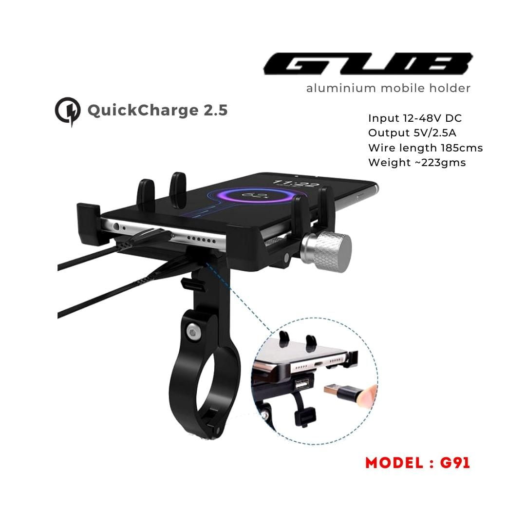 Route 95 GUB G91 Aluminium Handlebar Mobile Holder with Quick Charger 2.5A