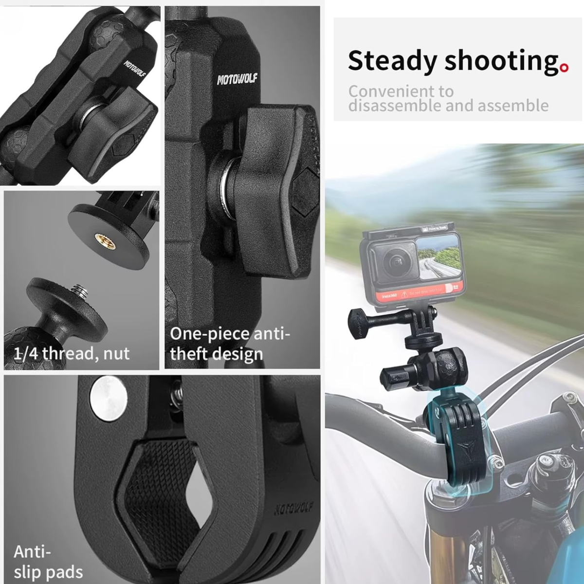 Motowolf Action Camera Power Clamp Mount with 360° Dual Ball Head and Anti-Theft Knob