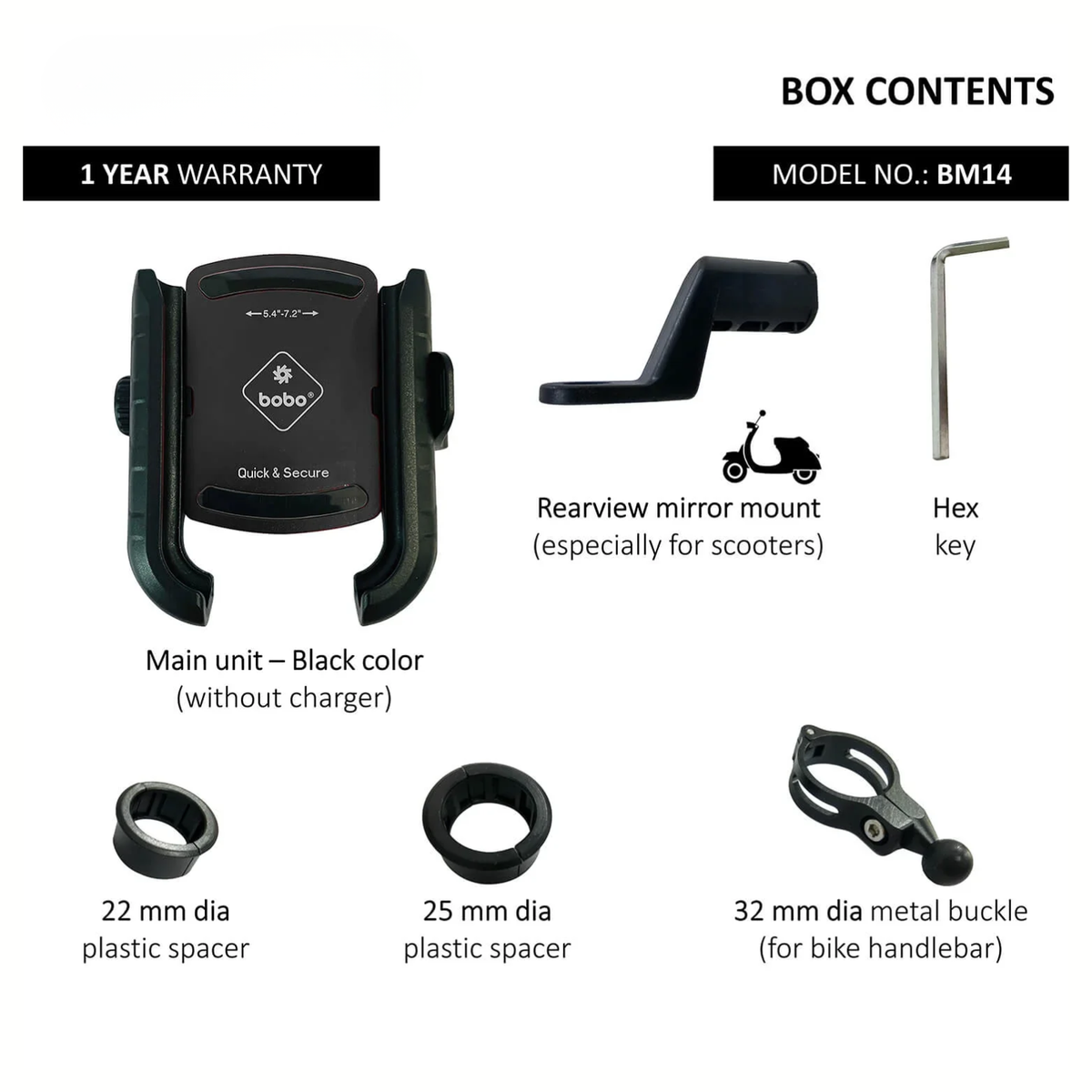BOBO Quick Release Bike Cycle Phone Holder Motorcycle Mobile Mount - Black - BM14 - BOBO