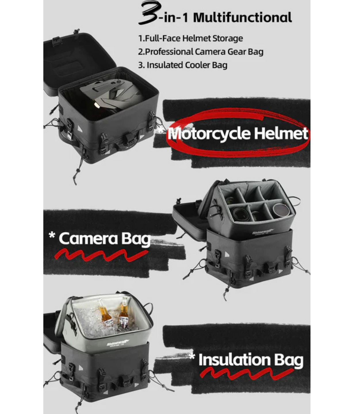 Rhinowalk Fortress Series X Tactical 36L Tail Bag Set C Soft Top Box - Black - MFT2305 - Rhinowalk