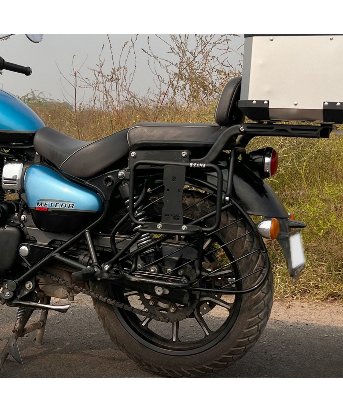 Zana Royal Enfield Meteor 350 Saddle Stay Mild Steel with Exhaust Shield and Jerry Can Mount - Texture Matt Black