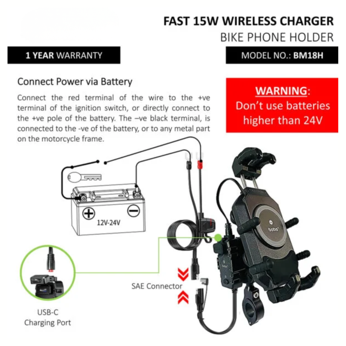 BOBO BM18M Pro Bike Mirror Mount Anti-Vibration with Fast 15W Wireless Charger & USB-C Charging Module - BOBO