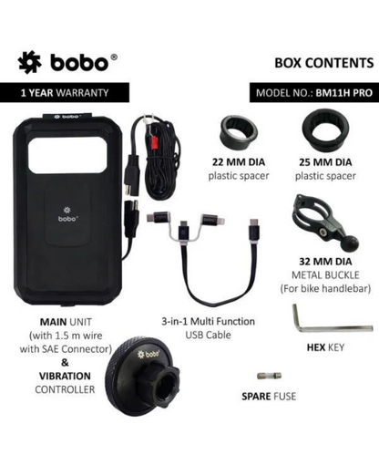 BOBO Fully Waterproof Bike Phone Holder with Vibration Controller (with Fast 15W Wireless Charger and USB-C Input/Output Port) Motorcycle Mobile Mount - Black - Handlebar Attachment - BM11H PRO