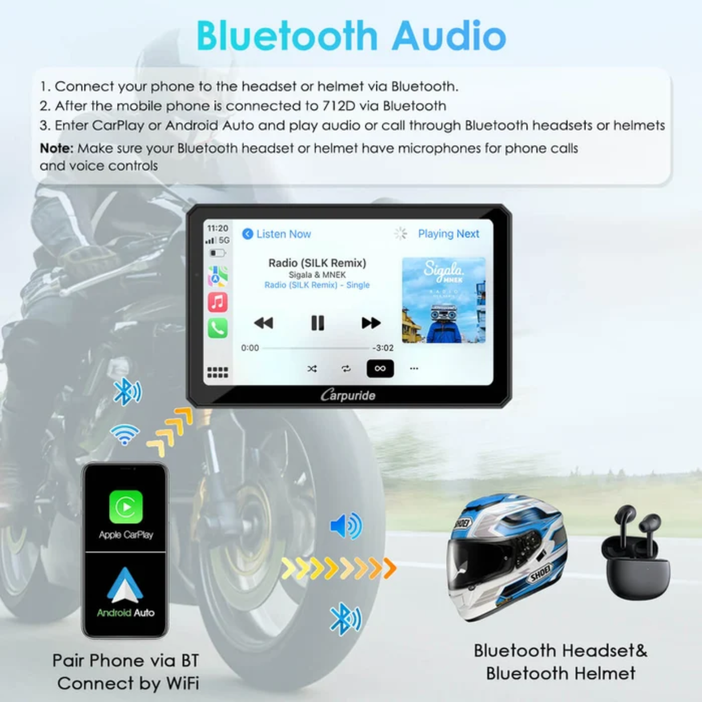 Carpuride W712D Rotatable Motorcycle Stereo with GPS Navigation and Dash Cam