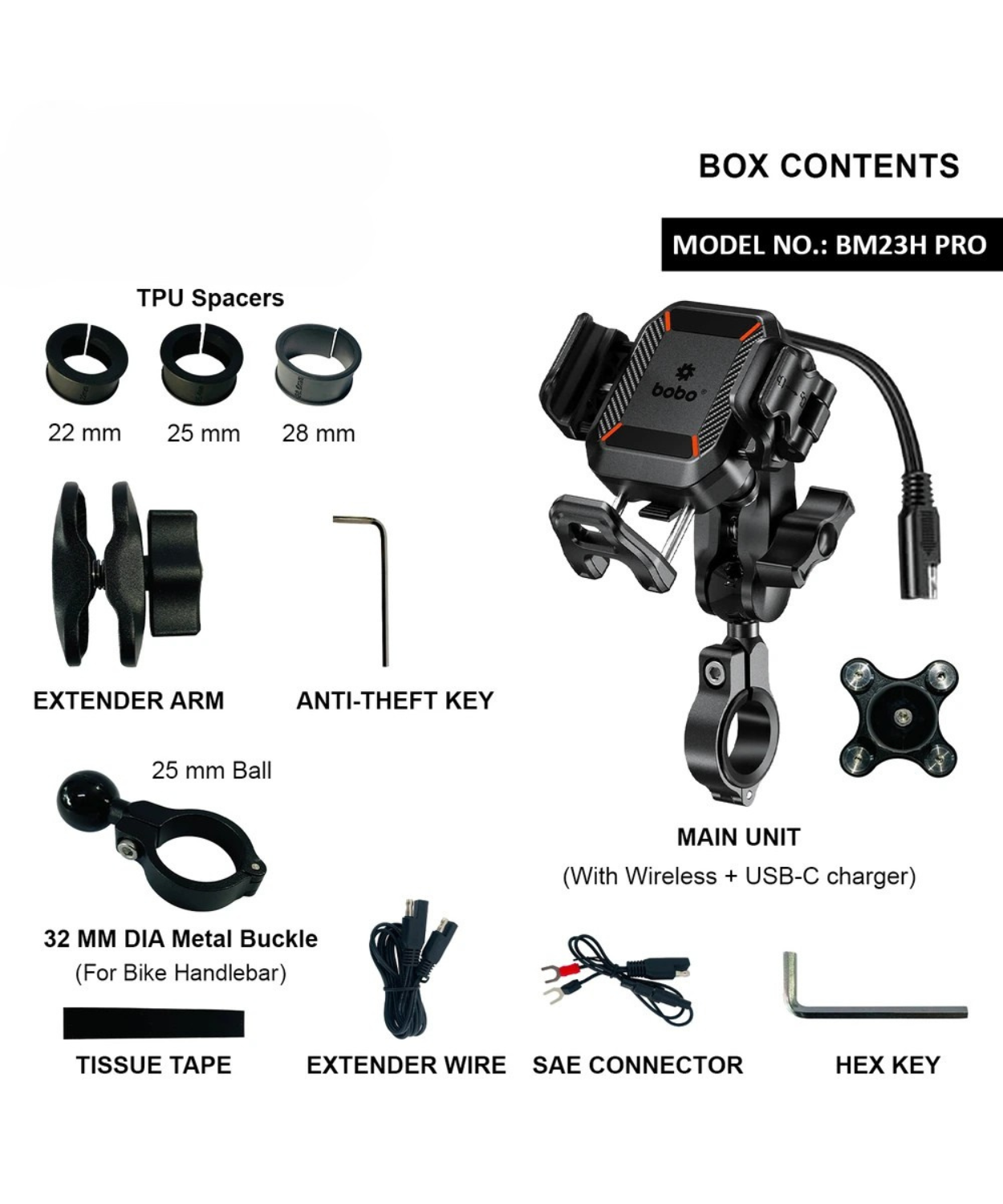 BOBO BM23H Pro Handlebar Mount Anti-Vibration and Anti-Theft with 15W Wireless / 36W USB-C Charger.