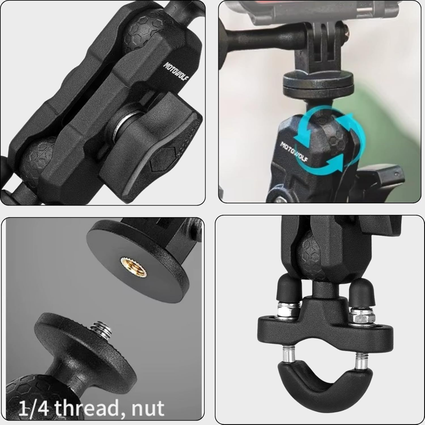 Motowolf Action Camera Handlebar Mount with 360° Dual Ball Head
