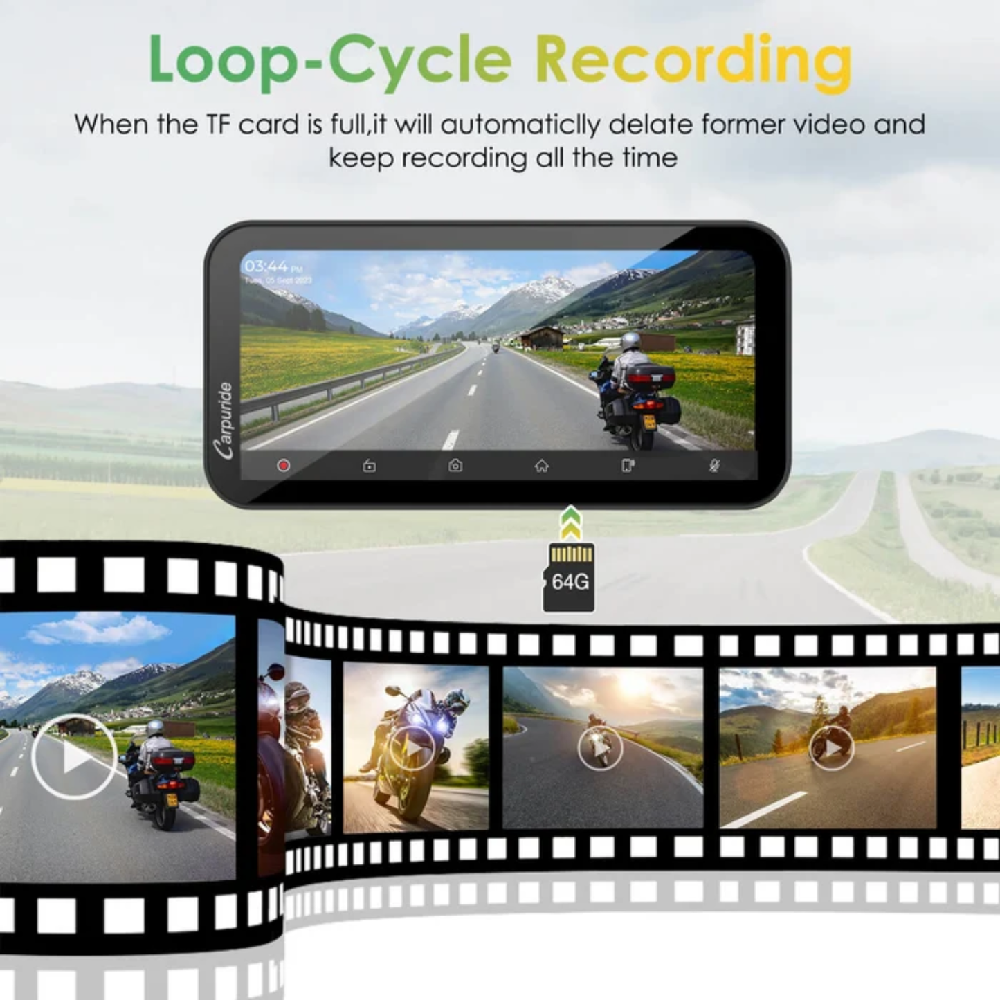 Carpuride W603D Wireless Motorcycle Stereo with HD Dual Cameras