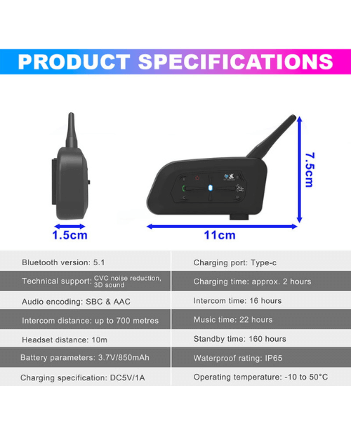 Vnetphone V7 Motorcycle Bluetooth Intercom Headset (1 Yr Warranty)