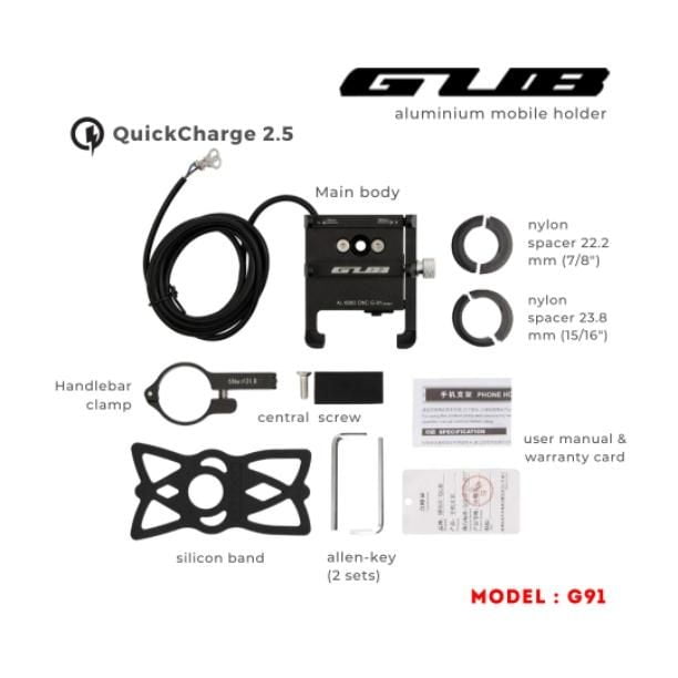Route 95 GUB G91 Aluminium Handlebar Mobile Holder with Quick Charger 2.5A