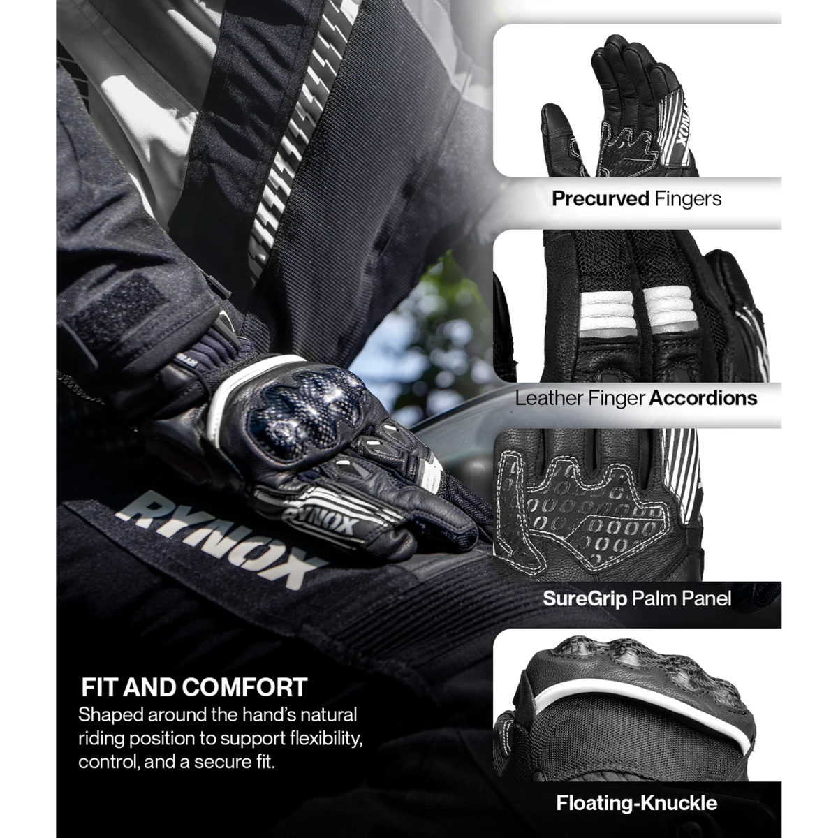 Rynox Tornado Pro 5 Riding Gloves - Black White - Rynox