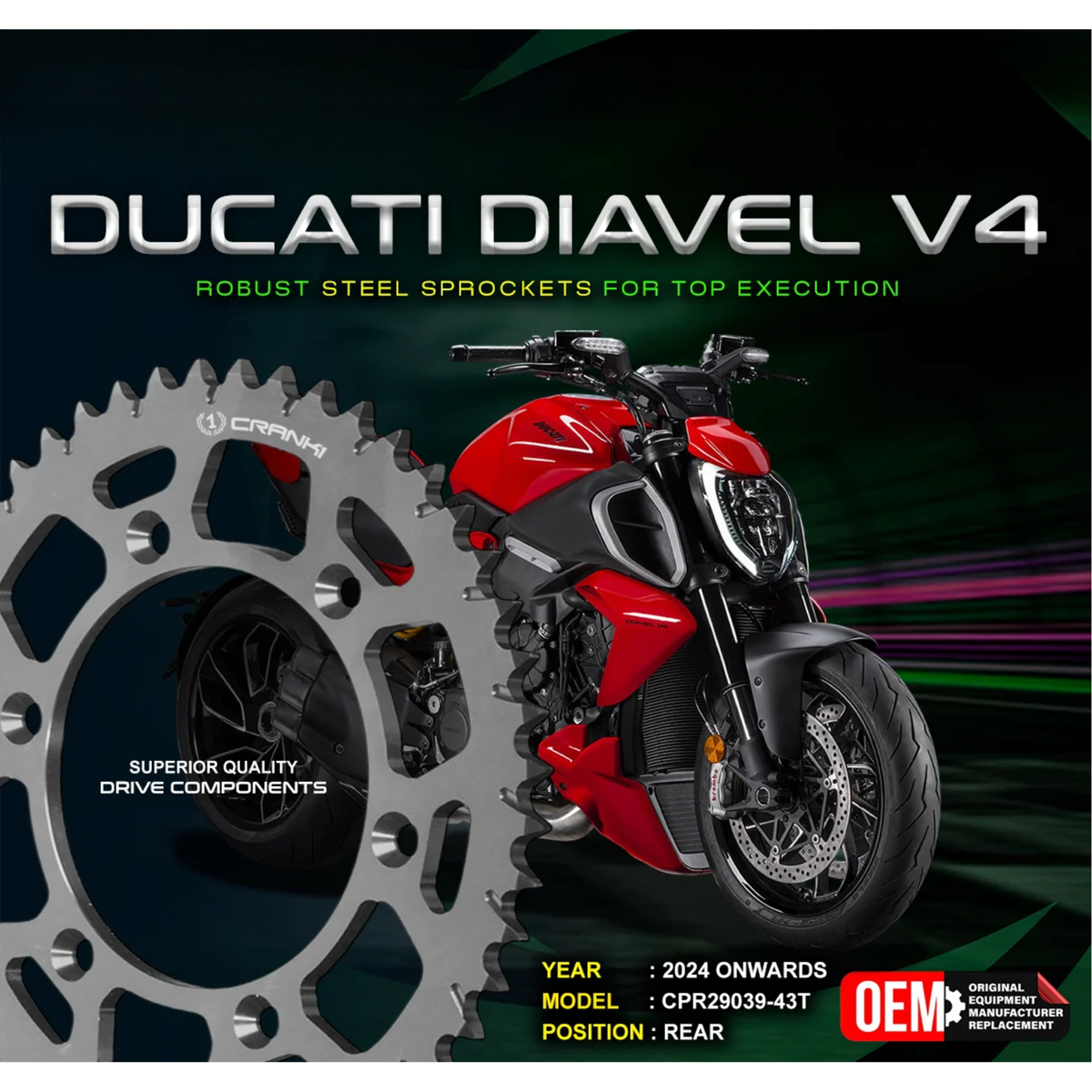 Crank1 Ducati Diavel V4 (2024 Onwards) Performance Motorcycle Sprocket - Black - CPR29039-43T