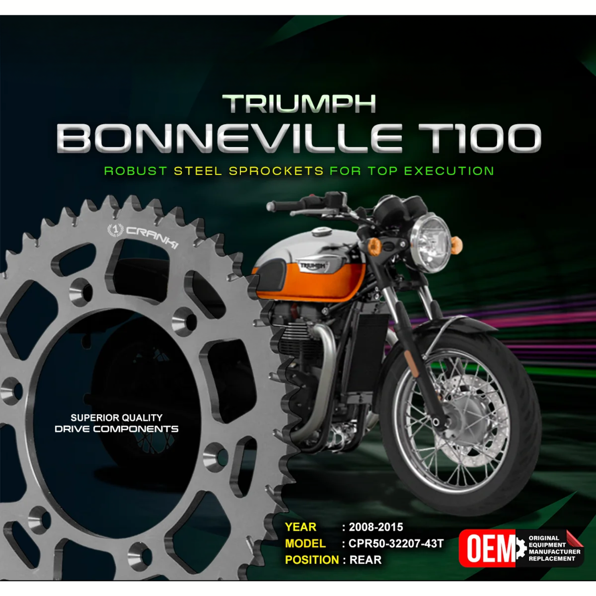 Crank1 Triumph Bonneville T100 (2008-2015) Performance Motorcycle Sprocket - Black - CPR50-32207-43T
