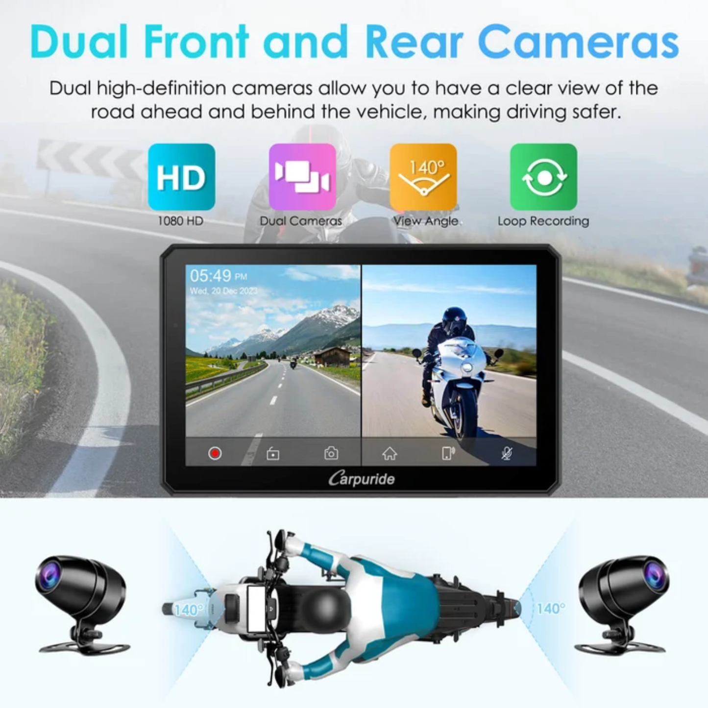 Carpuride W712D Rotatable Motorcycle Stereo with GPS Navigation and Dash Cam