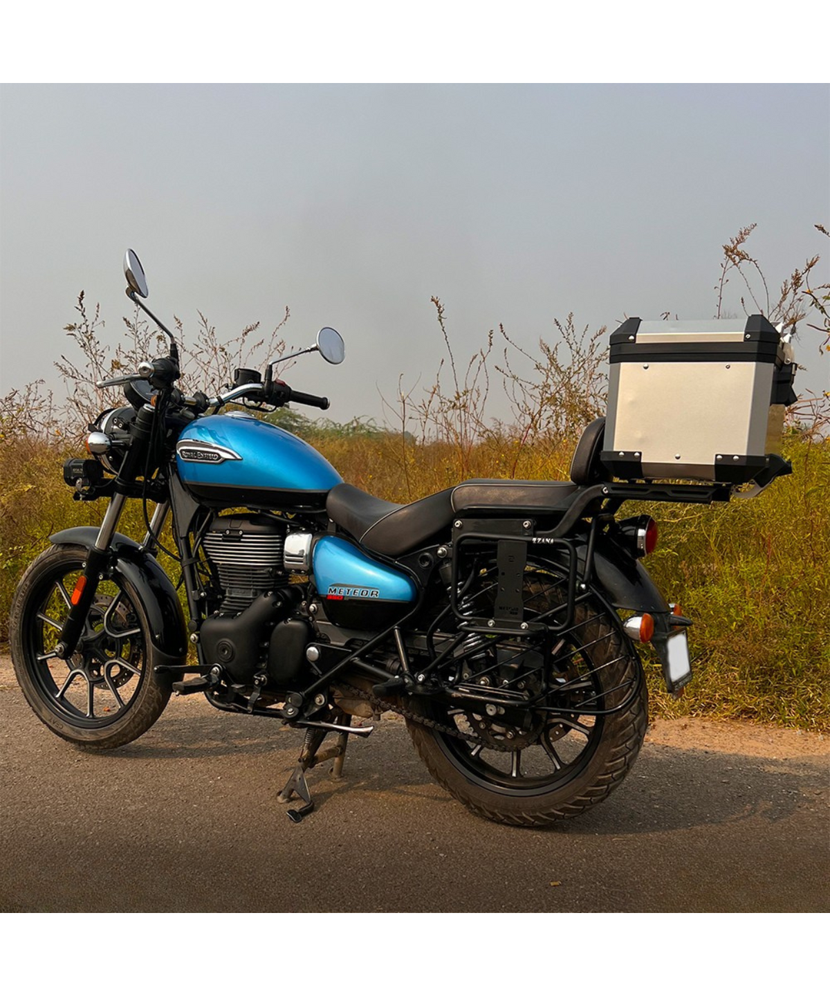 Zana Royal Enfield Meteor 350 Saddle Stay Mild Steel with Exhaust Shield and Jerry Can Mount - Texture Matt Black