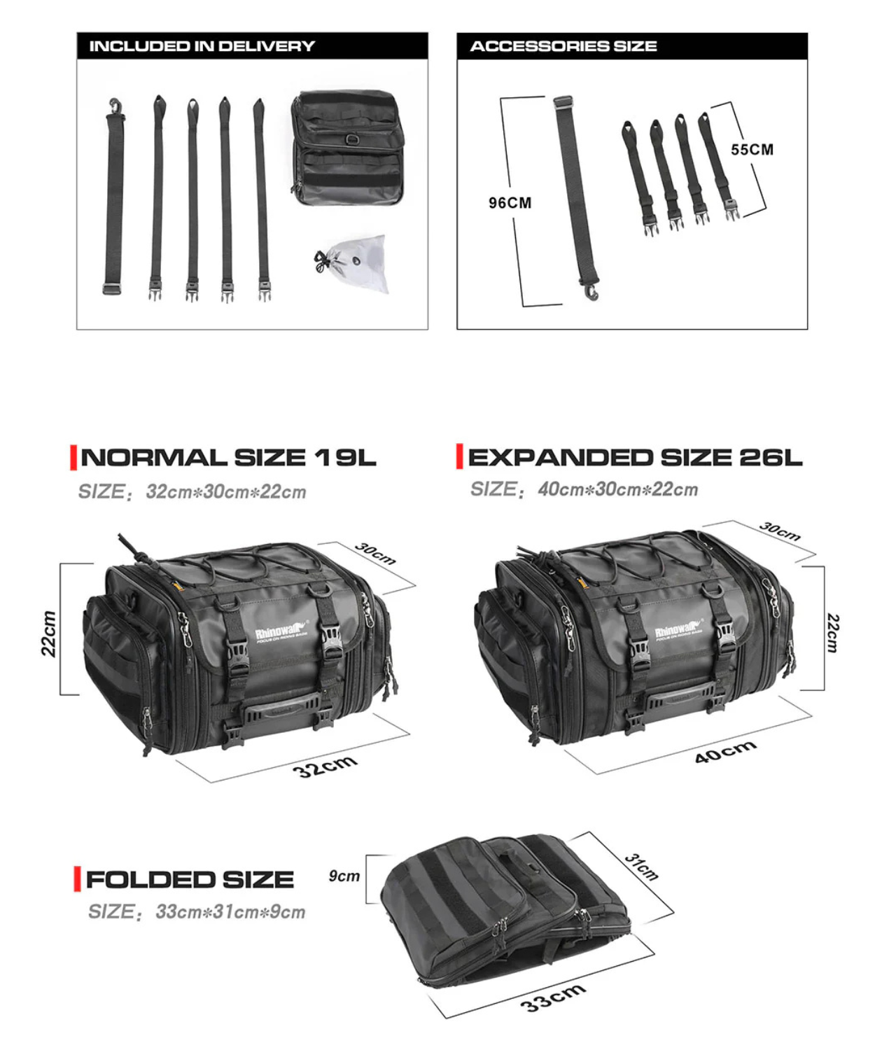 Rhinowalk Deluxe Cruiser Tail Bag 26L - Black - MT4026