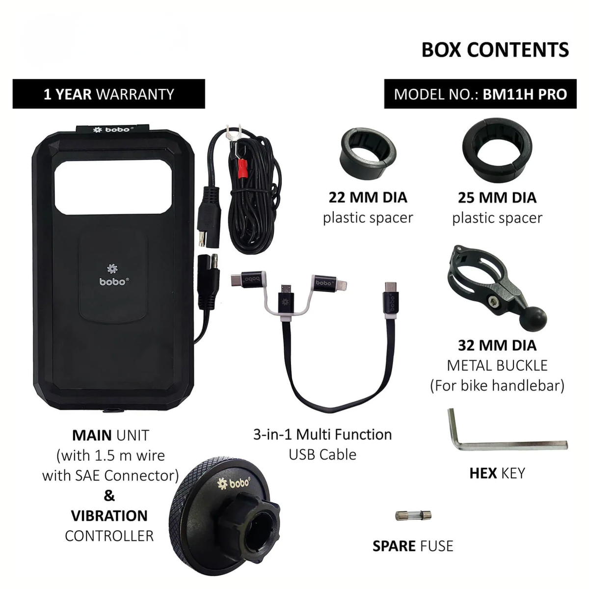 BOBO BM11H PRO Fully Waterproof Bike Phone Holder with Vibration Controller (with Fast 15W Wireless Charger and USB-C