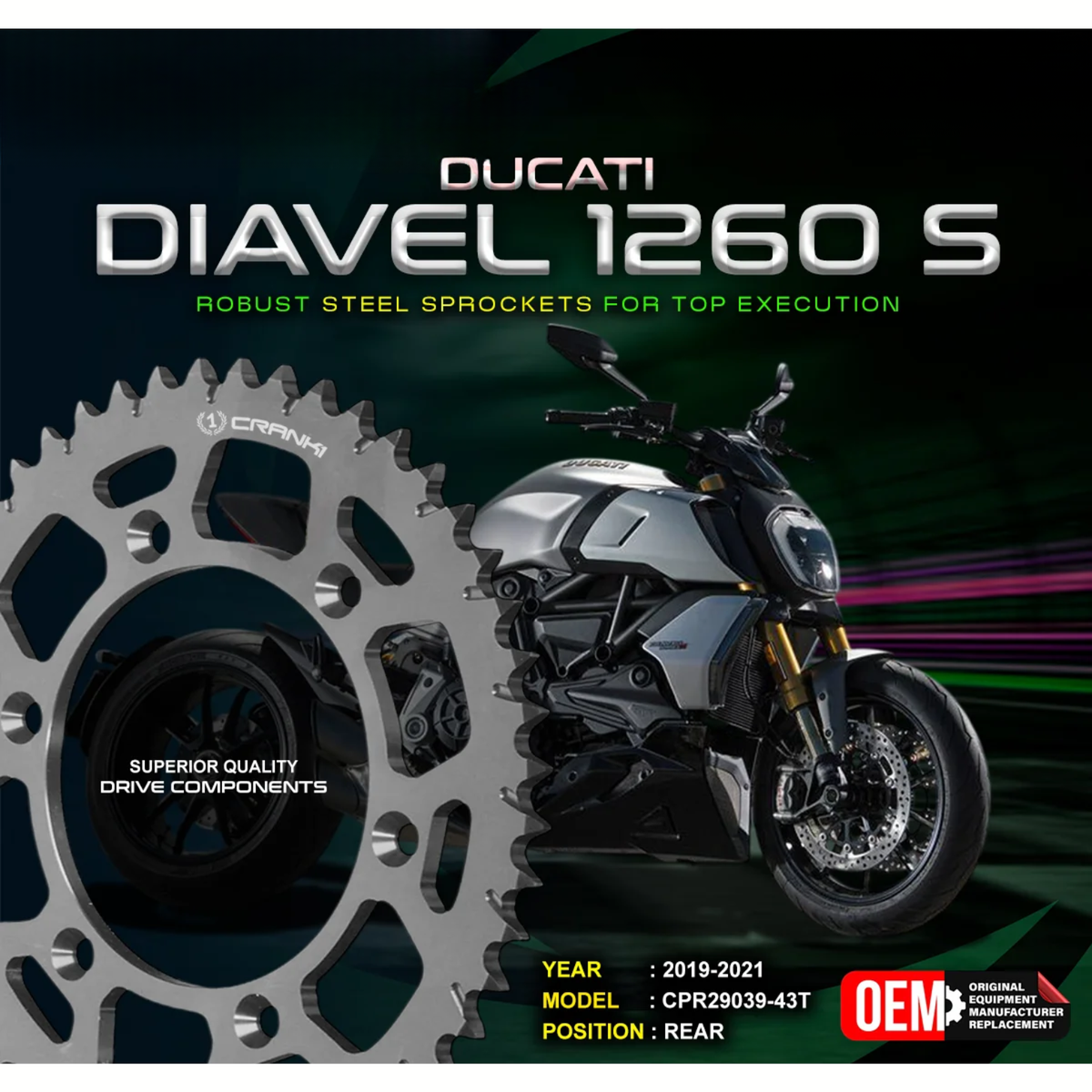 Crank1 Ducati Diavel 1260 S (2019-2021) Performance Motorcycle Sprocket - Black - CPR29039-43T