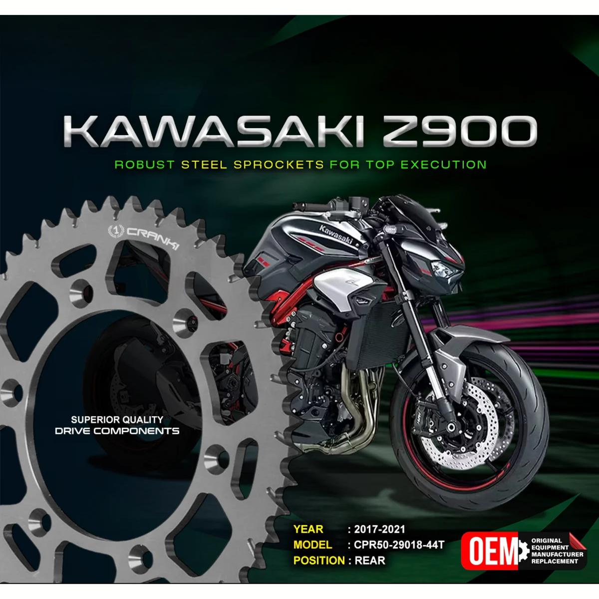 Crank1 Kawasaki Z900 (2017-2021) Performance Motorcycle Sprocket - Chrome - CPR50-29018-44T