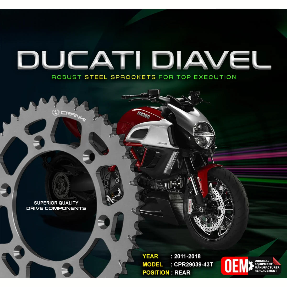 Crank1 Ducati Diavel (2011-2018) Performance Motorcycle Sprocket - Black - CPR29039-43T