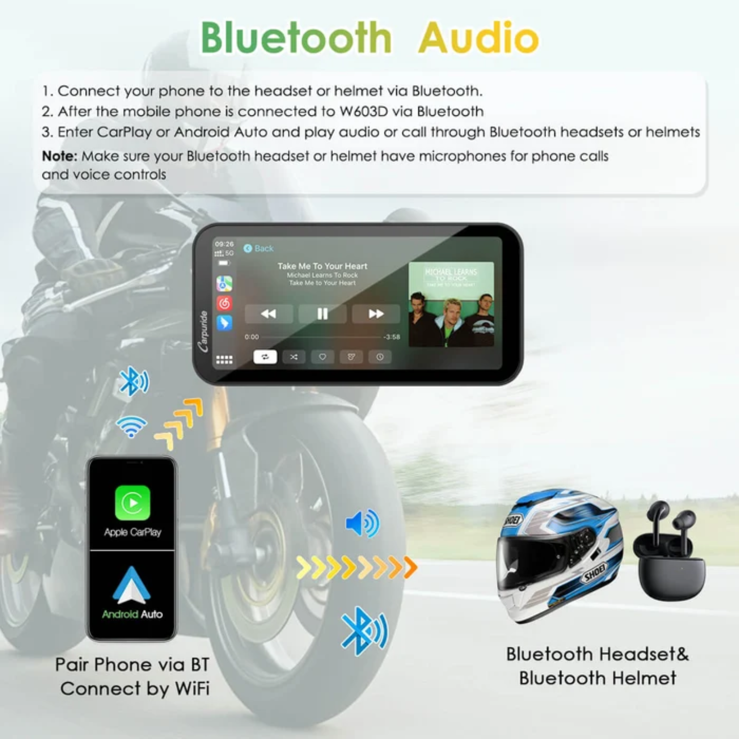 Carpuride W603D Wireless Motorcycle Stereo with HD Dual Cameras