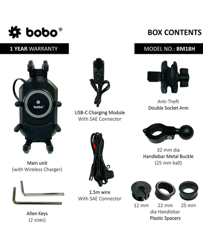 BOBO BM18H Pro Bike Handlebar Anti-Vibration with Fast 15W Wireless Charger & USB-C Charging Module