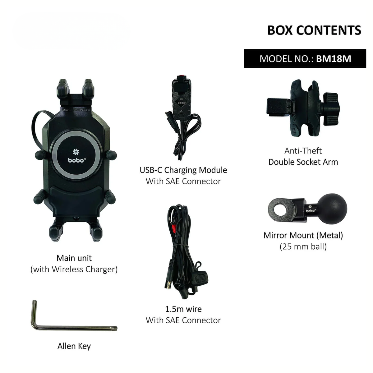 BOBO BM18M Pro Bike Mirror Mount Anti-Vibration with Fast 15W Wireless Charger & USB-C Charging Module - BOBO
