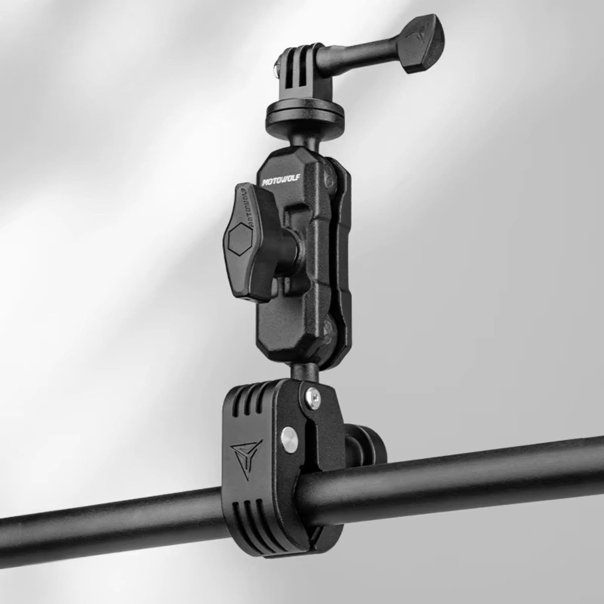Motowolf Action Camera Power Clamp Mount with 360° Dual Ball Head and Anti-Theft Knob