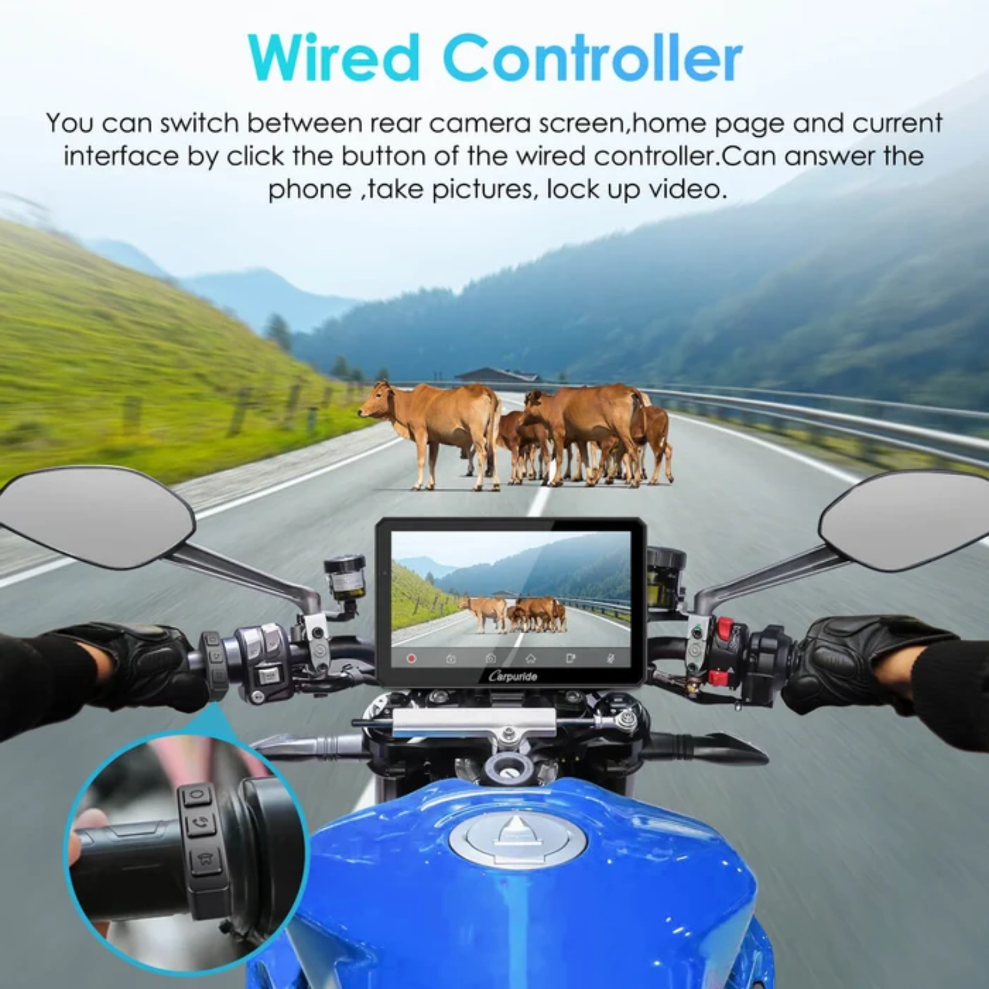 Carpuride W712D Rotatable Motorcycle Stereo with GPS Navigation and Dash Cam