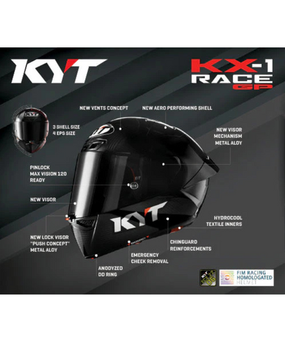 KYT KX1 RACE GP Solid Carbon Fiber Helmet (ECE 22.06) - Gloss Black