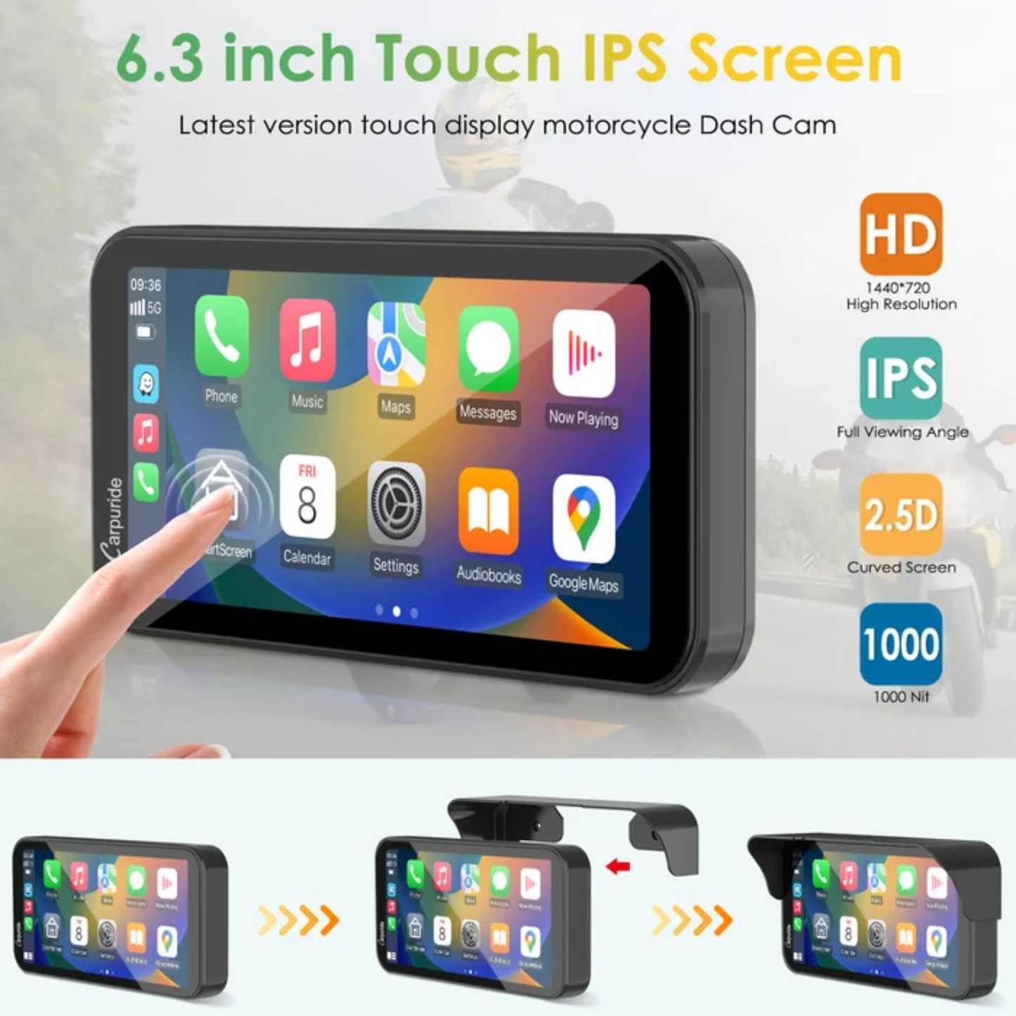 Carpuride W603D Wireless Motorcycle Stereo with HD Dual Cameras