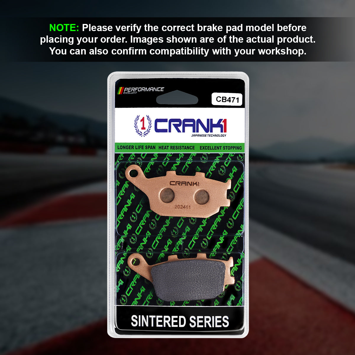Crank1 CB471 sintered rear brake pad shape and part number