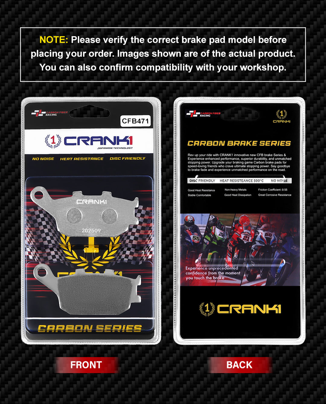 Crank1 CFB471 carbon rear brake pad shape and part number