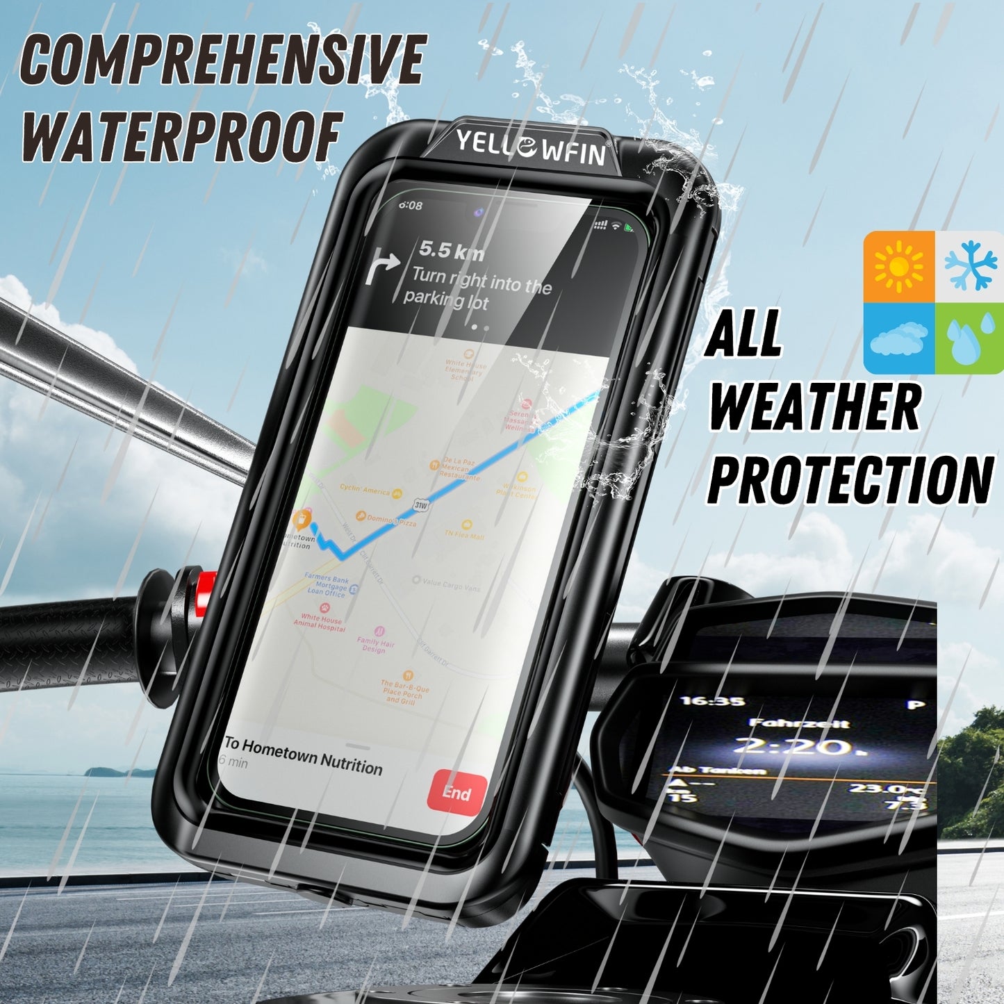 Yellowfin Fully Waterproof Handlebar Mobile Phone Holder without Charger - M18L-B1 Handlebar