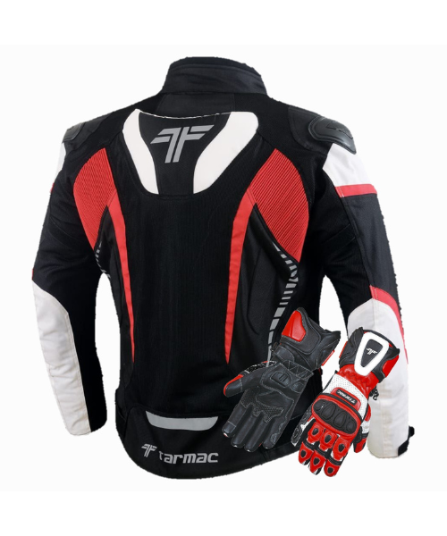 Tarmac Corsa Black/White/Red Riding Jacket with SAFE TECH protectors  FREE Tarmac Rapid Gloves
