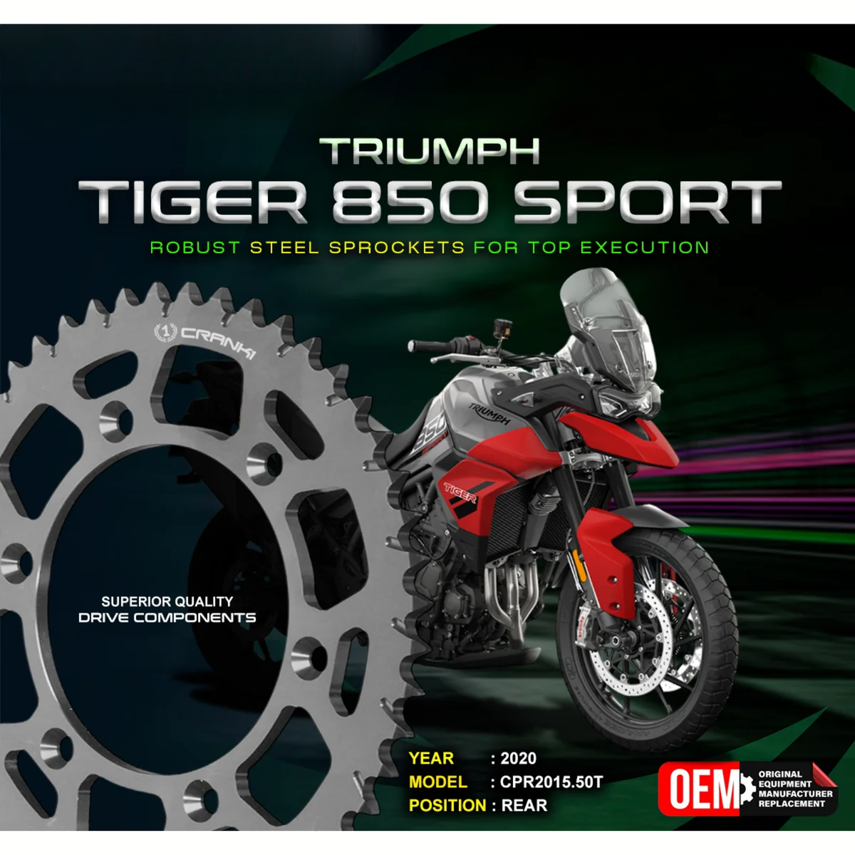 Crank1 Triumph Tiger 850 Sport (2020) Performance Motorcycle Sprocket - Black - CPF2015.50T - Crank 1